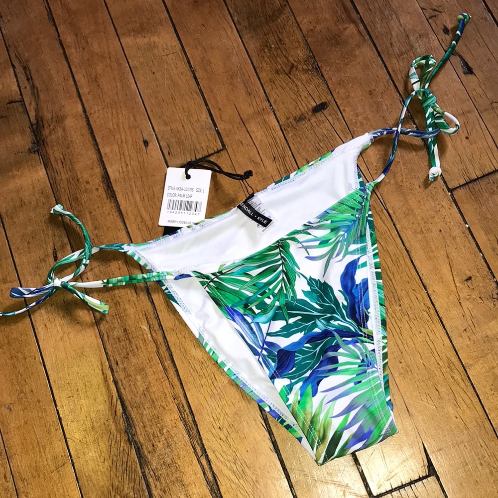 Kendall & Kylie Tropical Leaf Print Tie-Side Bikini Bottom Green Blue L‎